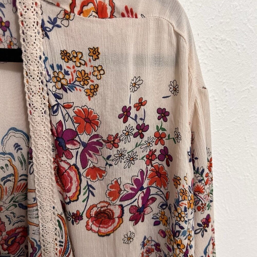 Bila Boho Hippie Floral Long Kimono Duster Cover-Up Cardigan Sz M/L Lace Trim - Picture 7 of 12